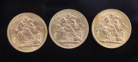 Three George VI gold sovereigns, all EF
